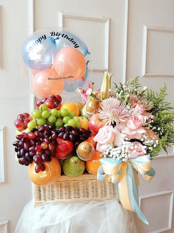 hampers buah dan bunga segar